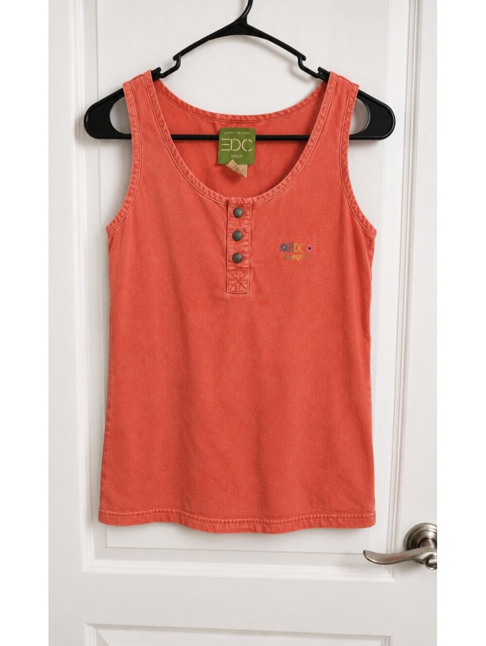 Esprit EDC Orange/Coral Henley Tank Top Embroidered Logo Women’s Large